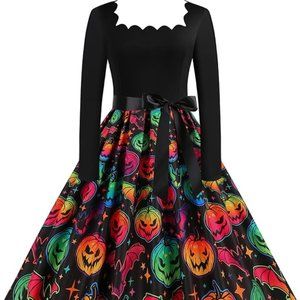 CMIT Halloween Dress - Womens Long Sleeve Swing Cocktail Dress Skeleton Pumpkin